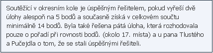 Textov pole: Soutc v okresnm kole je spnm eitelem, pokud vye dv lohy alespo na 5 bod a souasn zsk v celkovm soutu   minimln 14 bod. Byla tak eena pt loha, kter rozhodovala pouze o poad pi rovnosti bod. (okolo 17. msta) a u pana Tlustho a Puejdla o tom, e se stali spnmi eiteli.